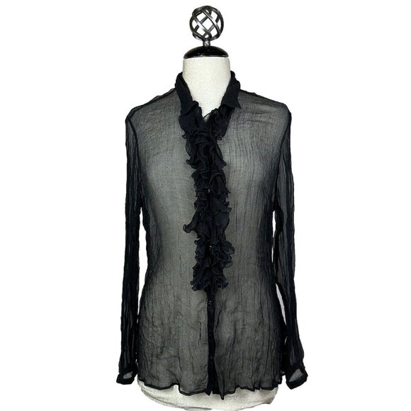 Anne Fontaine Tops - Anne Fontaine Blouse Top Womens 42 Med Ruffle Sheer Chiffon Black Y2K Whimsygoth